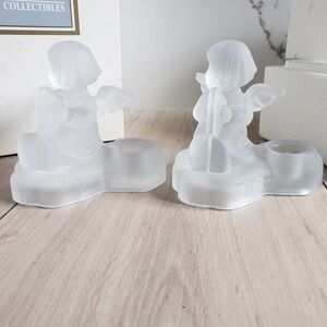 M I Hummel Crystal Candlesticks Set of 2 Angel Harp Avon Fine Collectibles